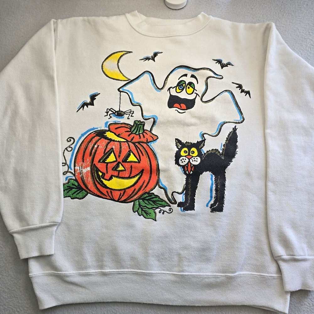 Vtg 90s 20/20 Sport Halloween Sweatshirt Ghost Pumpkin Cat Moon Crewneck Medium.